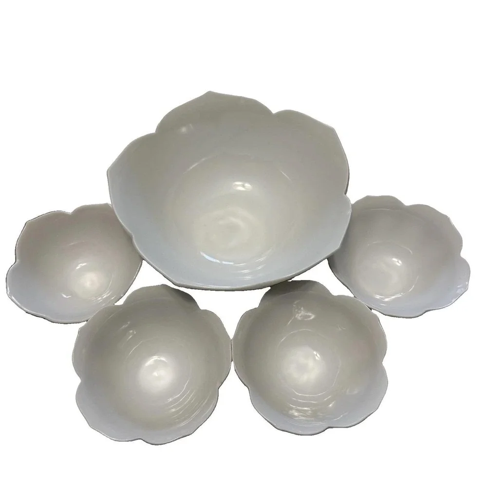 Lotus Flower Rice Bowls Ribbed PorcelainWhite Made in Japan Set of 5